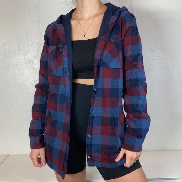 Eddie Bauer Tops - Blue + Red Plaid Hooded Button Down Long Sleeve Flannel Shirt